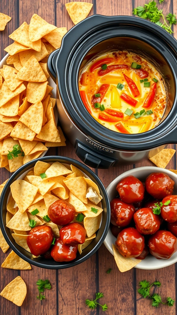 A spread of savory crockpot appetizers including creamy dips and barbecue meatballs on a rustic table with tortilla chips.